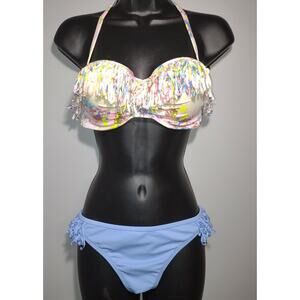 Victoria Secret Bikini Fringe Removable Halter 34D Top Large Cheeky Bottom
